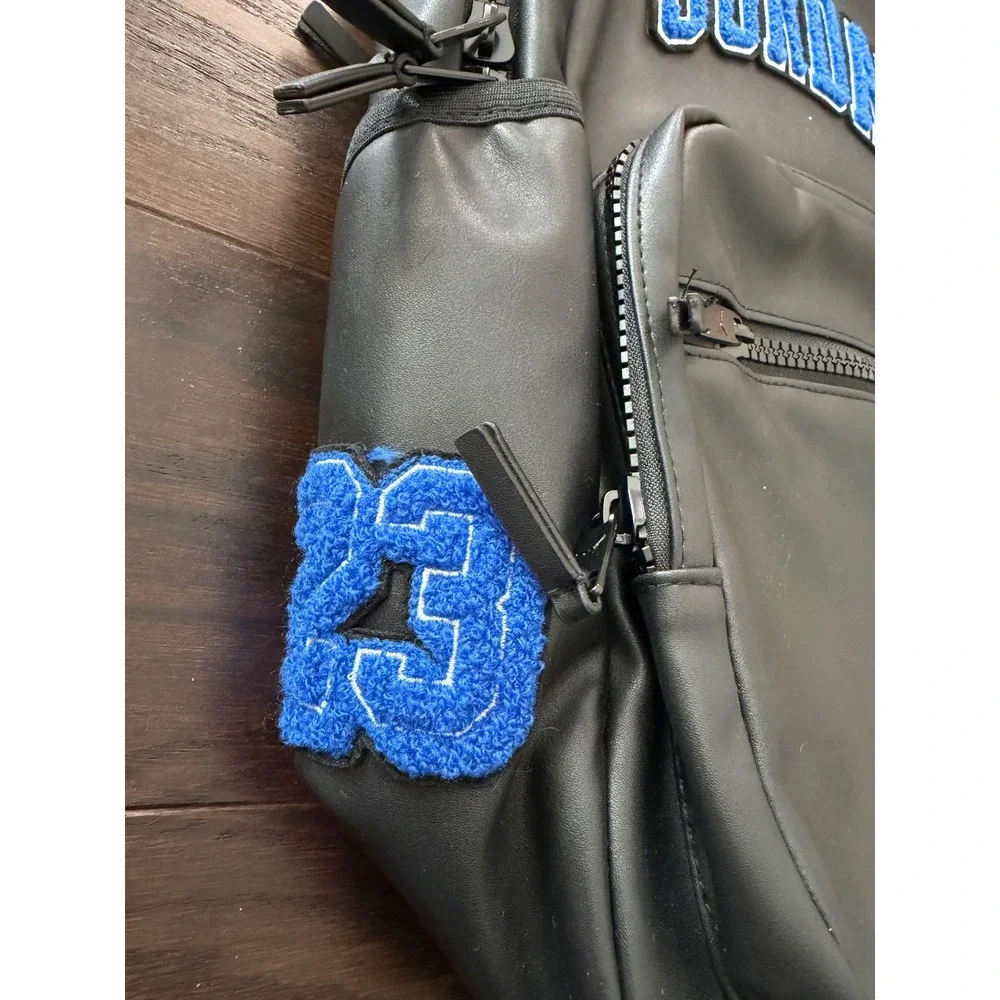 Jordan MVP Backpack Black Blue Chenille Patches Faux Leather Bag MA0899-023
